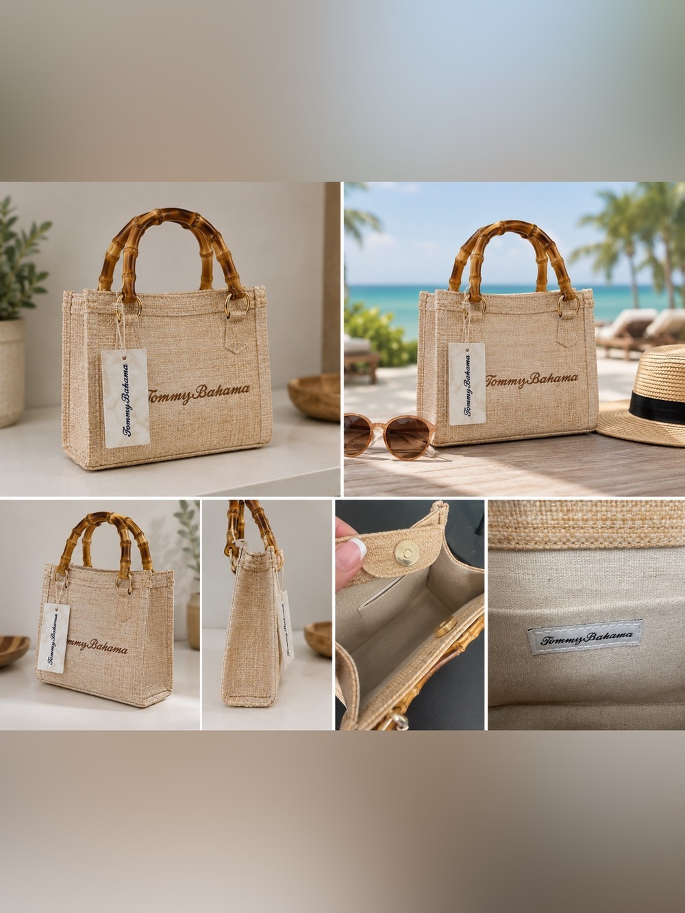 Tommy Bahama | Natural Woven Textured Faux Bamboo Handle Mini Tote w/Crossbody